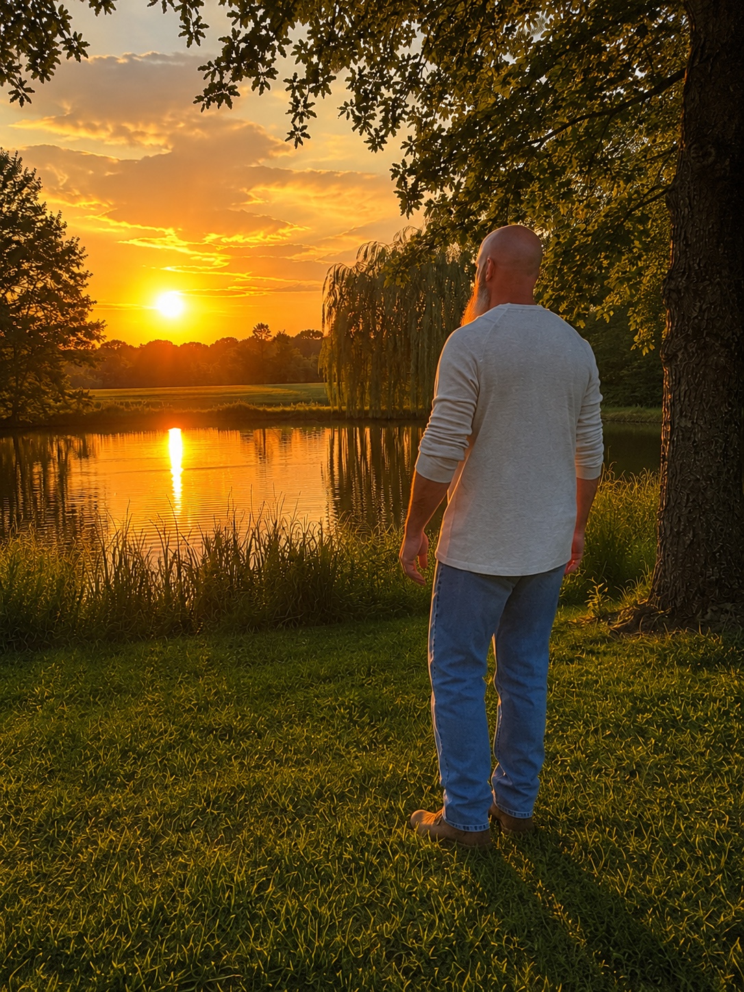 C. Mark Taylor standing beside the pond at sunset